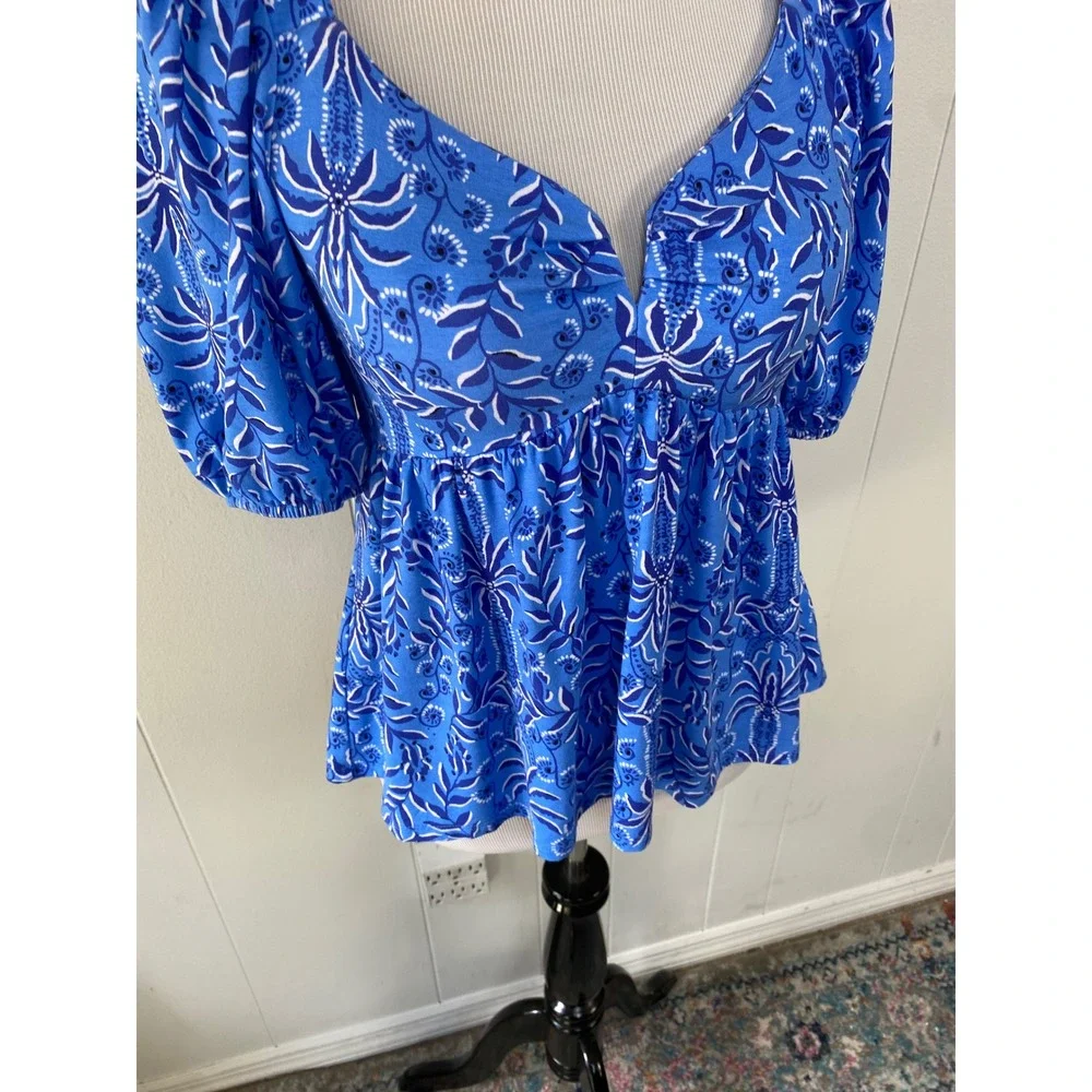 Lilly Pulitzer Abaco Blue Have It Both Rays Floriana Pullover Top Size S # 13448